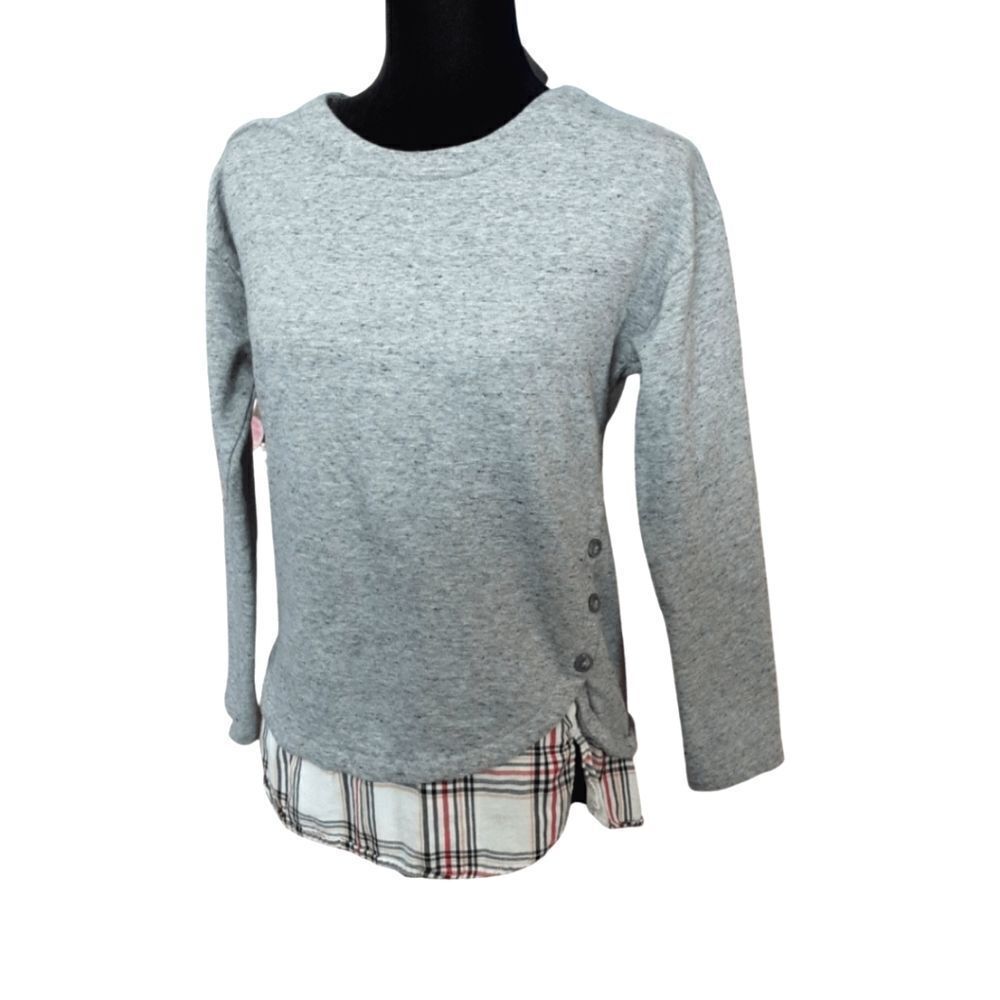 Izod Tunic Layered Look Top Heather Gray‎ w/ Plaid Button Detail sz M